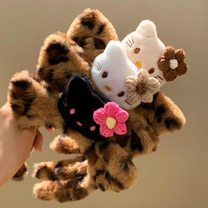 Новинка 2024 милая стильная повязка на голову Hello Kitty черная кожаная с леопардовым