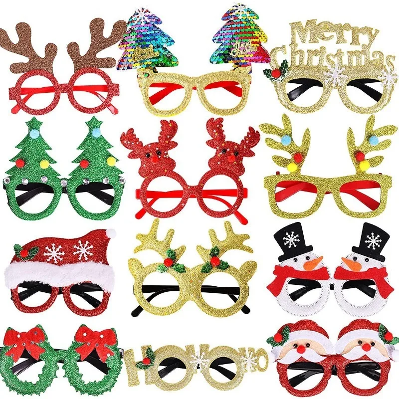 

12/24Pcs Christmas Glitter Glasses Frames Holiday Party Favors Xmas Decoration Accessories Costume Eyeglasses Photo Booth Props