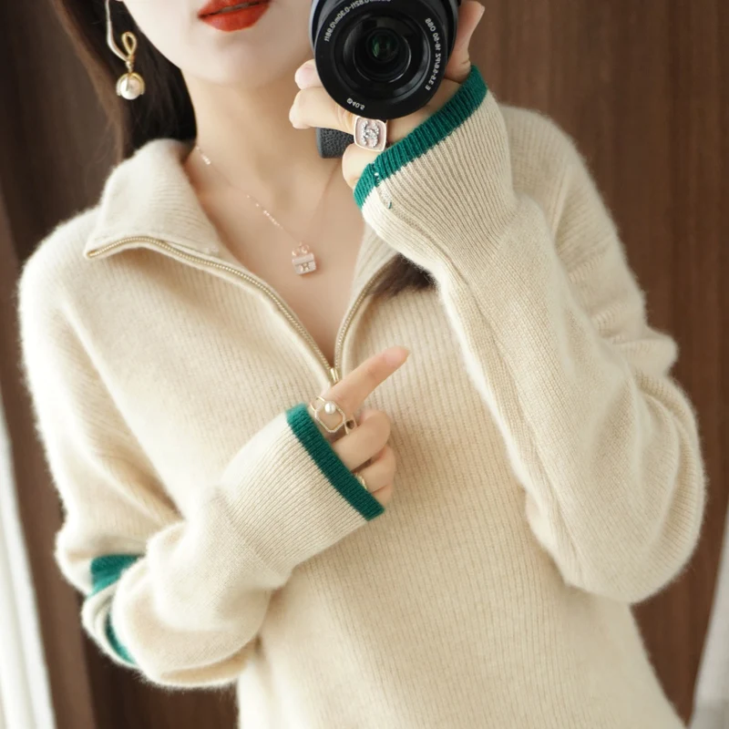 100% Merino Wool Pullover Ladies Turtleneck Knit Top Autumn Winter Colorblock Large Size Jacket Fashion Cashmere Bottoming Shirt