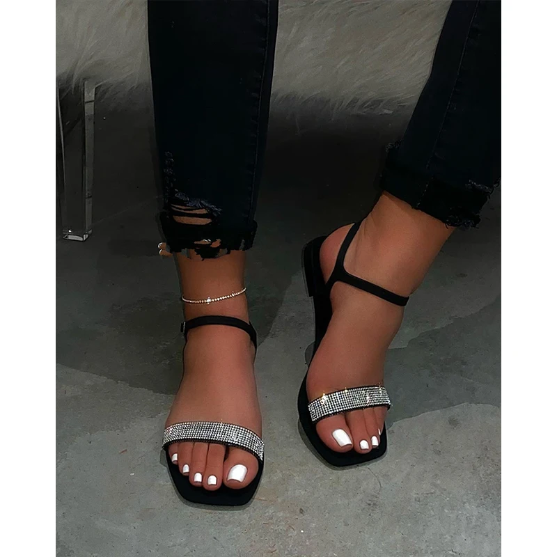 

Summer Shoes Daily Wear Contrast Paneled Flat Sandal Chic Women Rhinestone Decor Square Toe Slingback Sandals