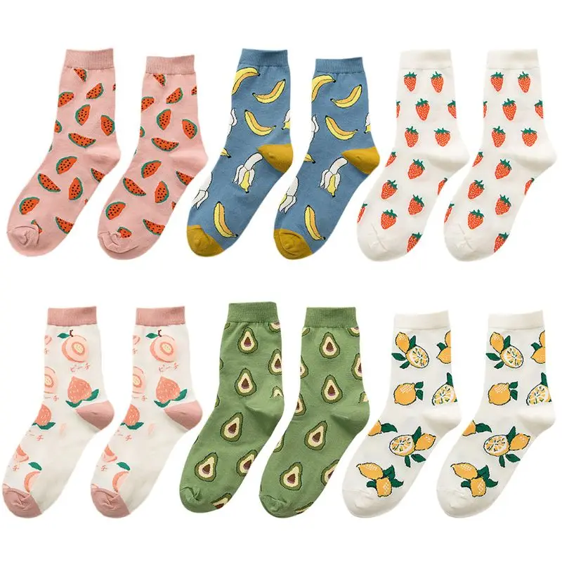 

Женские хлопковые носки до щиколотки в японском стиле, милые яркие цвета персика, авокадо и фруктов с принтом, летние уличные