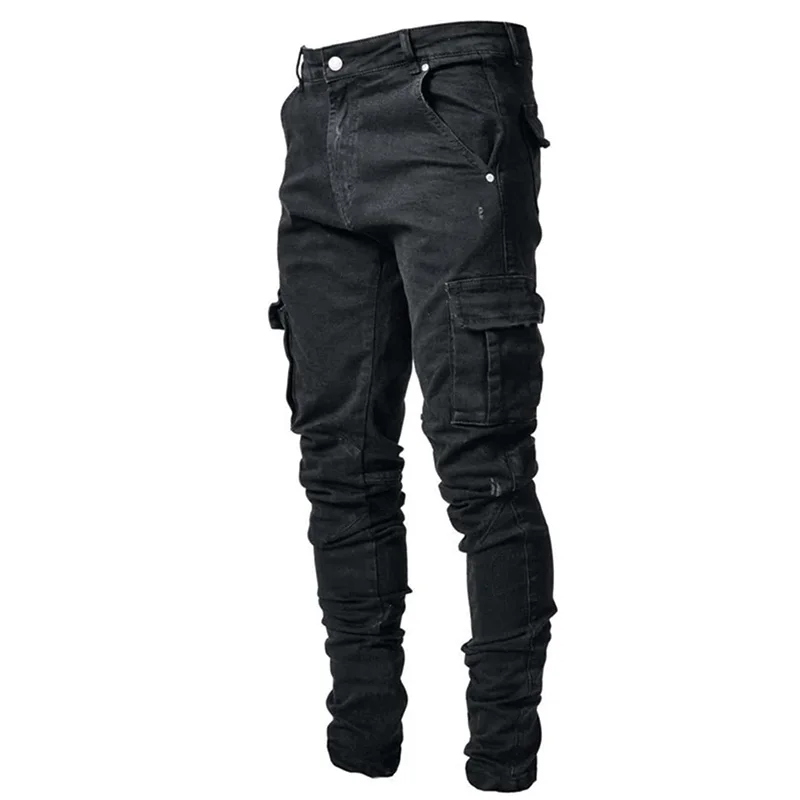 Trend Men's Jeans Elastic Denim Pants Multi Pockets Leggings Slim Fit Denim Cargo Pants High Street Full Length Pencil Pants
