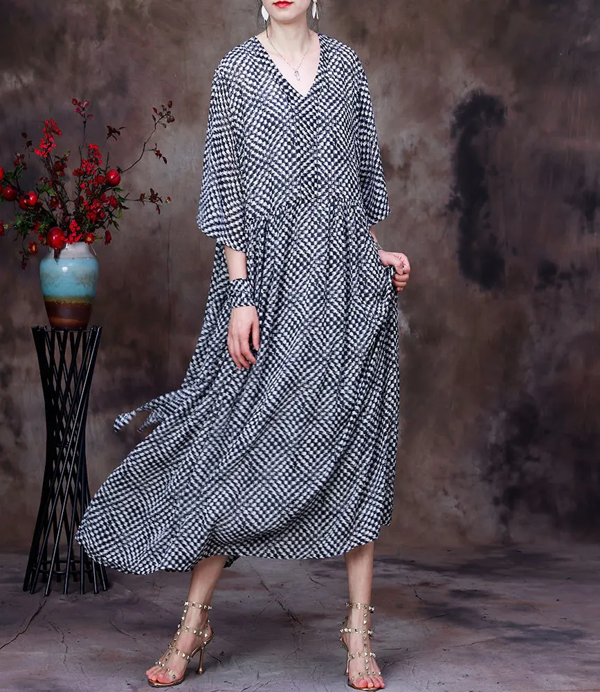 

SuperAen 2022 Summer New Simple Plaid Chiffon V-Neck Lace Slim Straight Mid-Calf Casual Women Dress