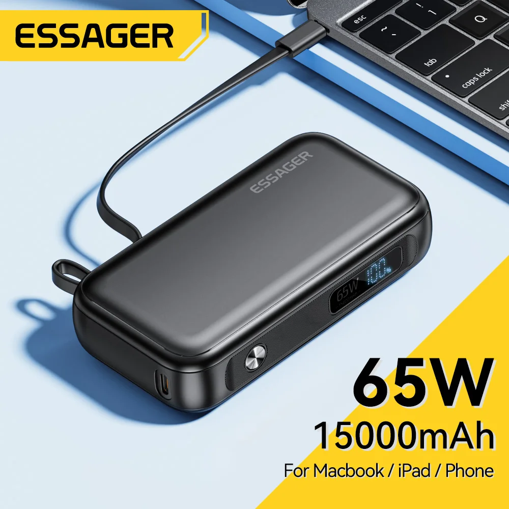 

Essager 15000mAh Portable Power Bank in With USB C Cable External Spare Battery Pack for iPhone iPad Macbook 65W Fast Charger