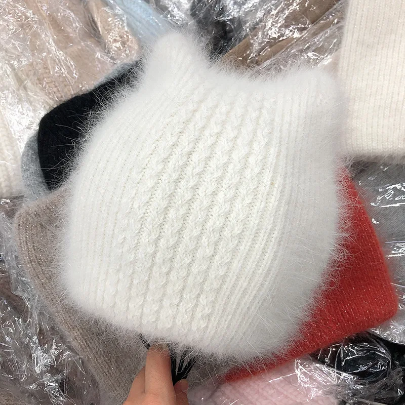 

Designer Ear Woolen Hat Female Angora Rabbit Fur Knitted Hat Double-layer Warm Hood Cap Autumn and Winter Elasticity Adjustable