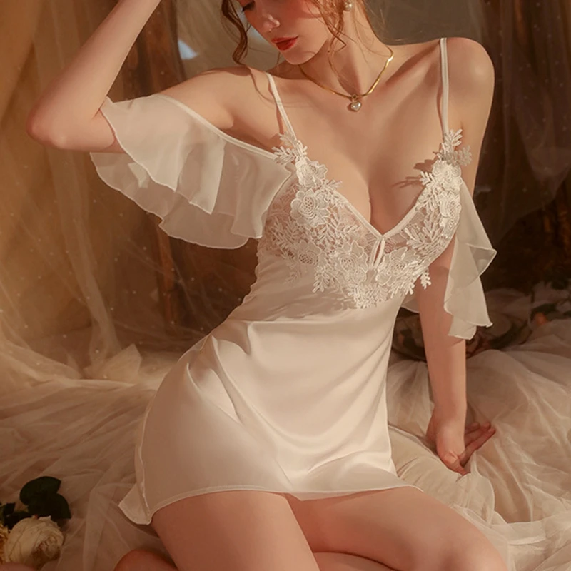 

Прозрачная Кружевная женская ночная рубашка с глубоким V-образным вырезом, сетчатые сексуальные ночные рубашки без рукавов, домашняя одежд...