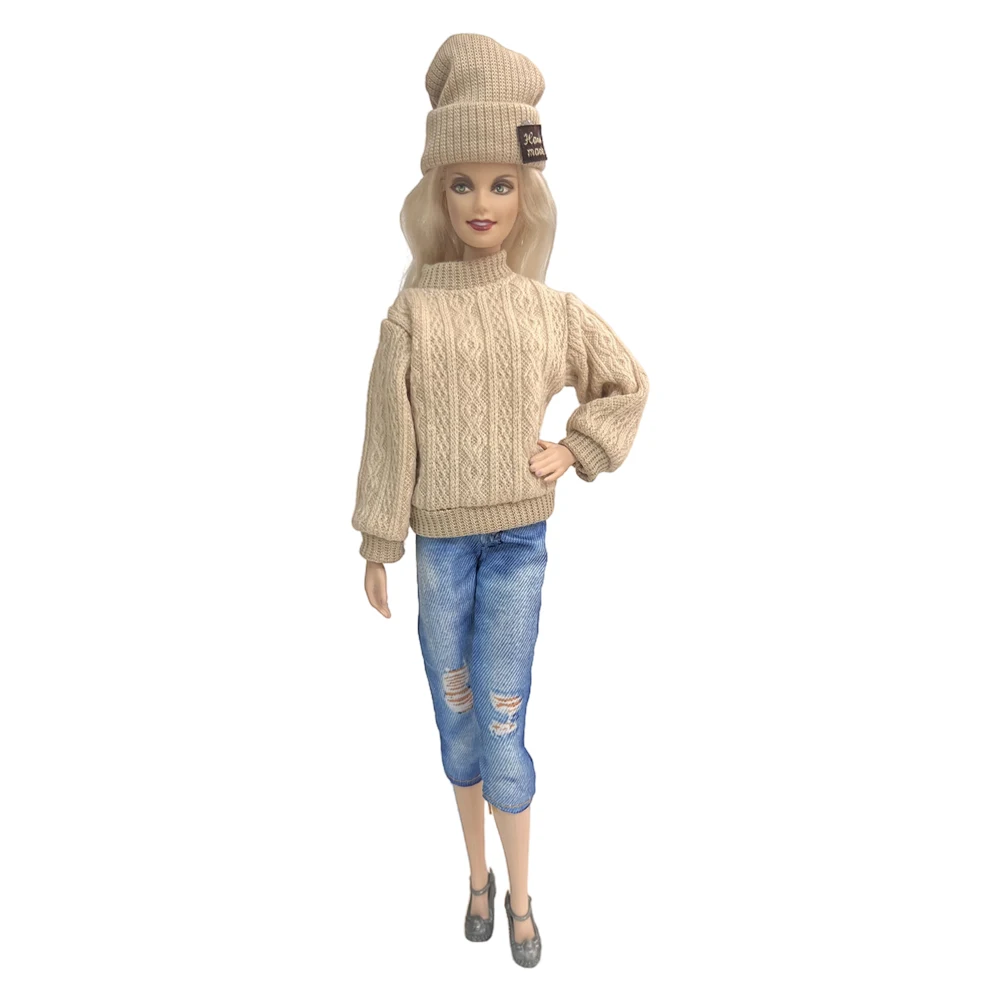 NK 1 Set Children's changing doll new knitting fried dough twist sweater+casual hat+imitation hole pants For Barbie Doll 1/6 Toy - купить