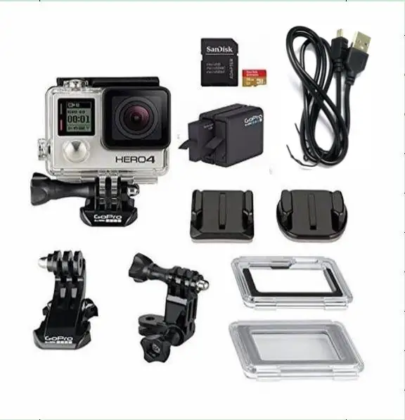 

100% оригинальная экшн-видеокамера GoPro HD Hero 4 Серебристая с зарядным устройством для двух батарей и картой MicroSD на 16 Гб