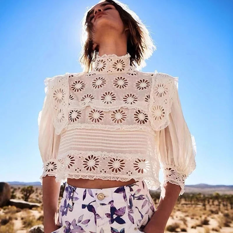 

Женская шелковая + хлопковая рубашка, ажурная модная женская короткая блузка с оборками