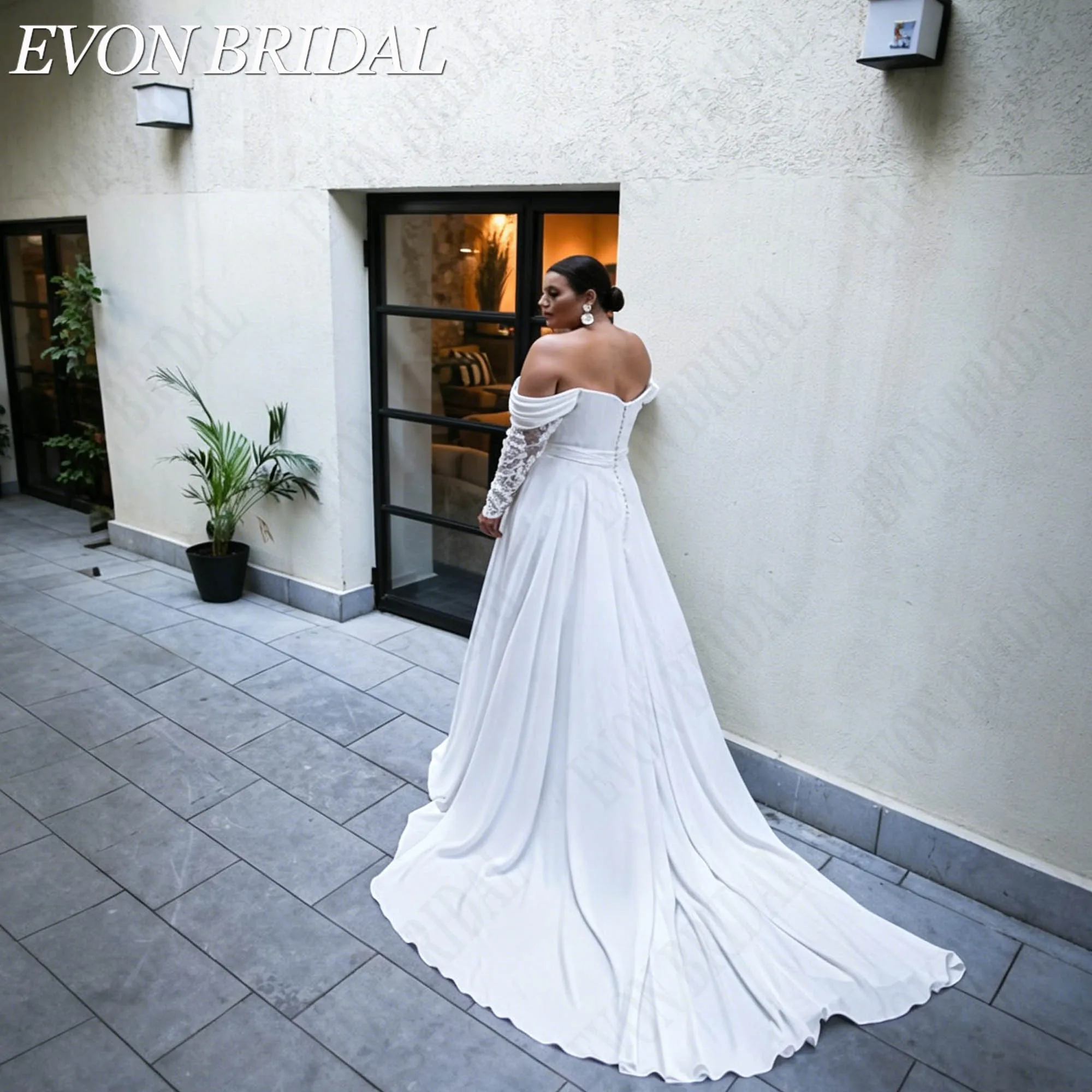 Фото EVON BRIDAL Плюс сайз свадебное платье без бретелей съемные кружевные рукава шифон подвенечное платье А-силуэт высокий разрез индивидуальный пошив большие размеры регулируемые детали свадебных церемоний торжественных №5
