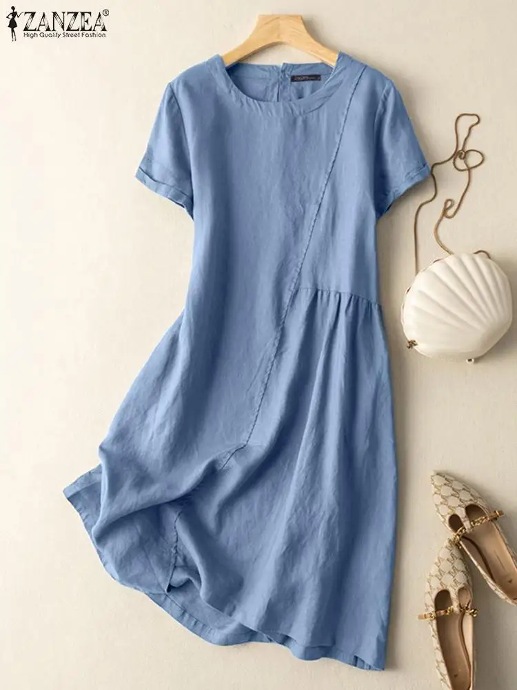 

2022 ZANZEA Elegant Women Asymmetrical Sundress Summer Dress Casual Short Sleeve Midi Vestidos Female Solid Robe Femme Oversized