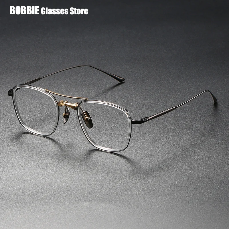 Japanese Designer Double Beam Pure Titanium Glasses Frame Men Fashion Acetate Large Frames Eyeglasses Brand Eyewear Prescription