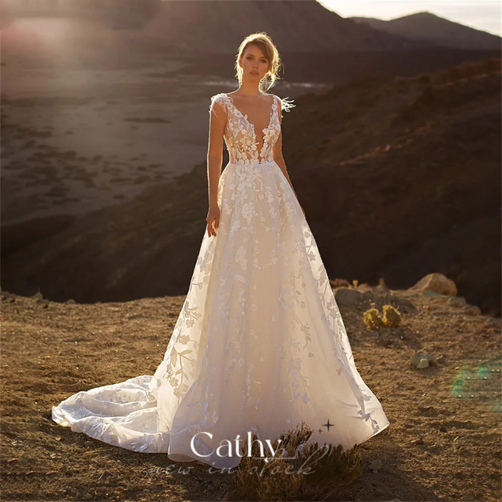 

Cathy Full Body Lace Embroidery Bridal Gown Grace V-neck Vestidos De Novia A-line Tulle Sweep Train Wedding Dress