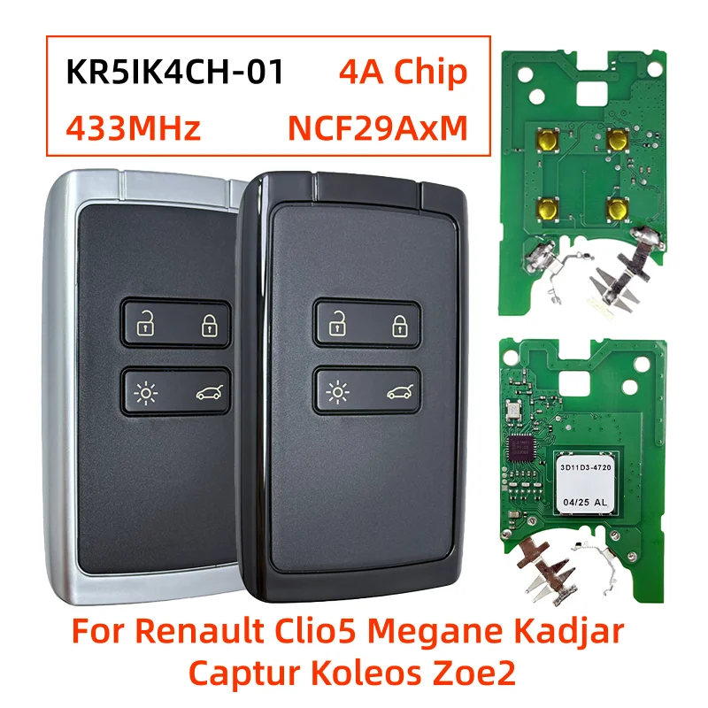 Фото KR5IK4CH-01 4 кнопки умный брелок без ключа 433 МГц 4A NCF29AxM чип для Renault Clio5 Megane Kadjar Captur Koleos Zoe2 2016-2022 №1