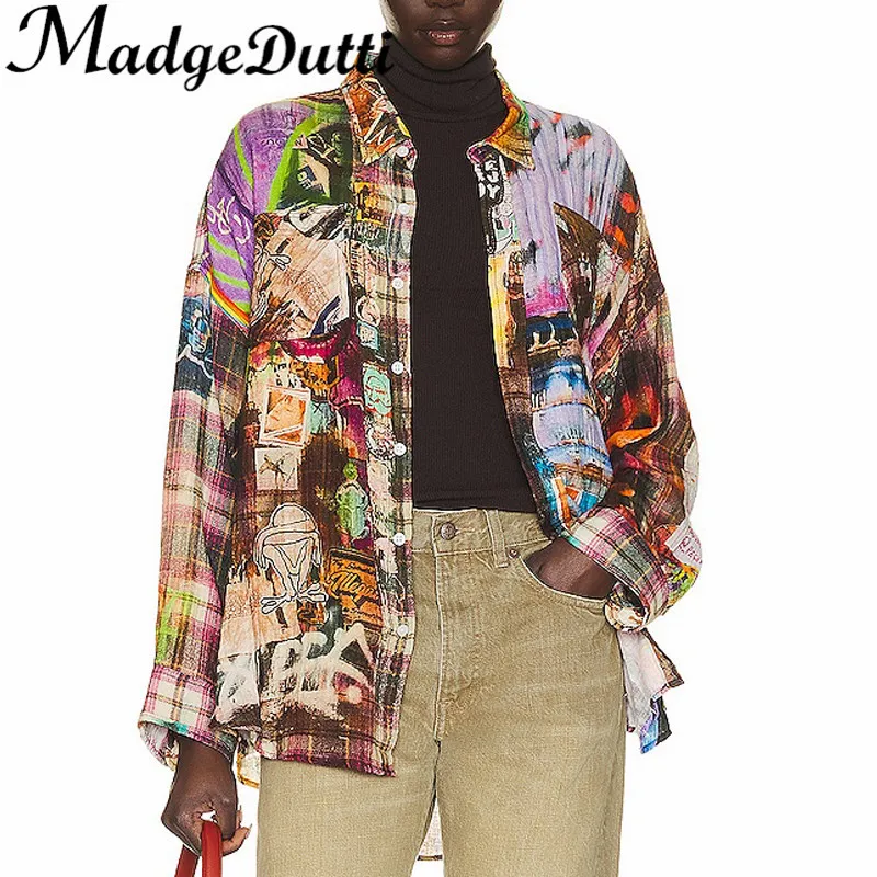 

3.7 MadgeDutti Fashion Double Deck Cotton Gauze Fabric Print Plaid Mid-Length Loose Long Sleeve Shirt Women