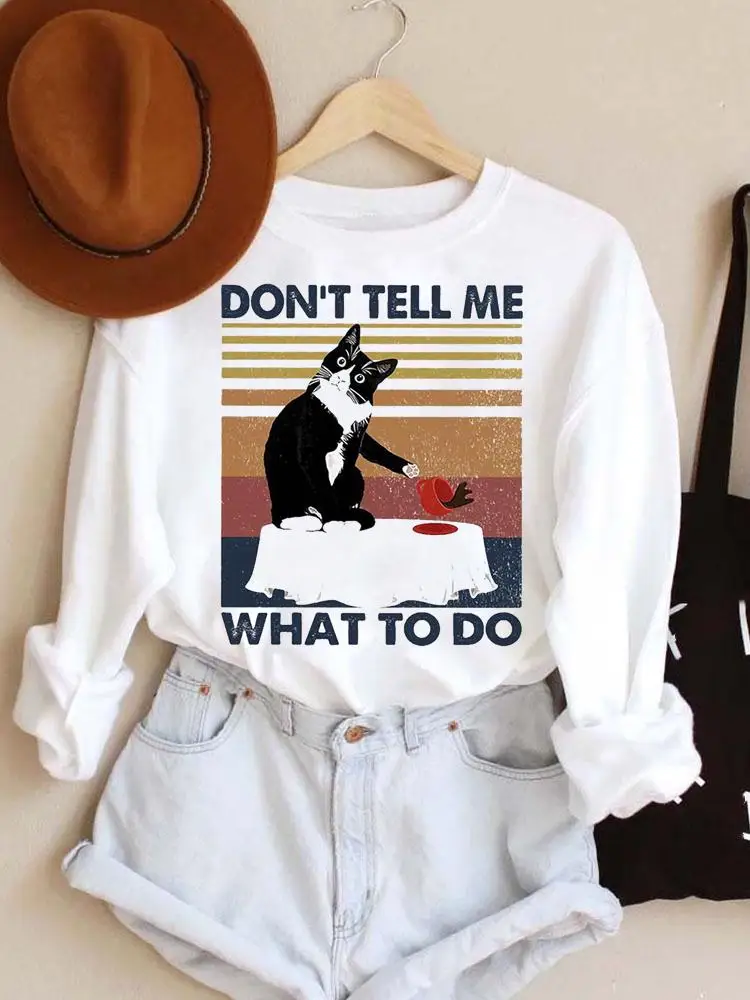 

Cat Striped Funny Letter Pullovers Ladies Womens Fashion Clothing Spring Autumn Winter Hoodies Woman Female Casual Sweatshirts