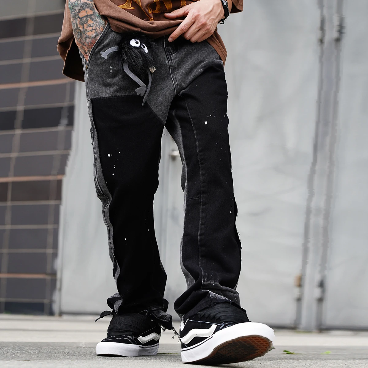 

American Y2k Streetwear Slim Flared Jeans Men's Hip Hop Painting Speckle Ink Patchwork Denim Jeans Cleanfit Vintage Clothes