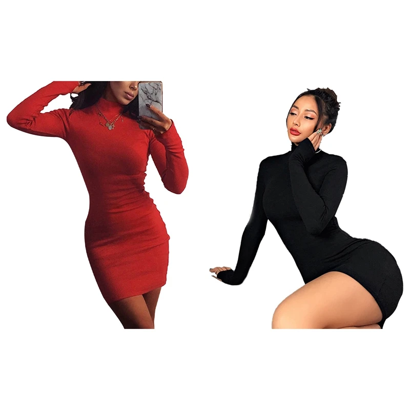 

2 Pcs Knitted Sweater Dress Winter High Neck Long Sleeve Bodycon Dress Sexy Robes Night Club Wear S, Black & Red