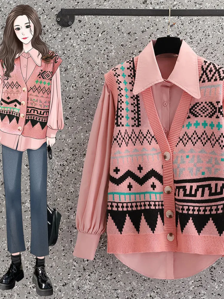 

Women Preppy Style V-neck Sweater Vest Autumn Spring Lapel Shirt Casual Sweet Outwear Streetwear Single-breasted Sweater New