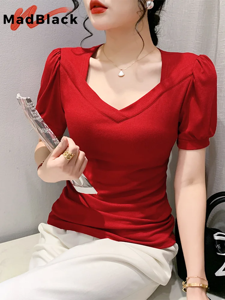 

Женская футболка с квадратным вырезом, коротким рукавом-фонариком и рюшами