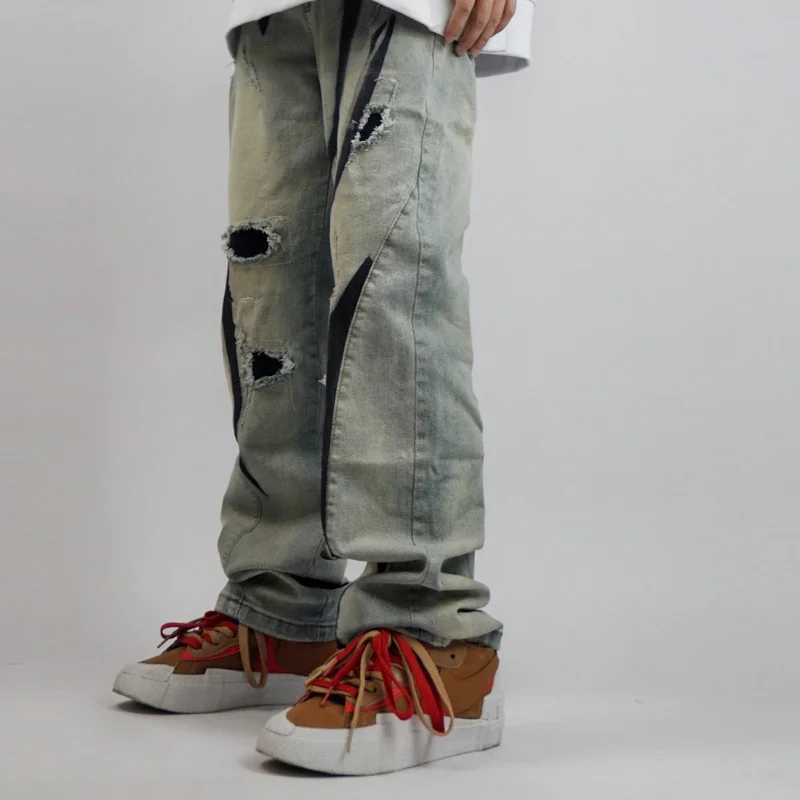 DEEPTOWN Y2K Patchwork Jeans Men Loose Ripped Denim Pants Male Casual Fashion Hole Trousers Streetwear Hip Hop Blue Striped
