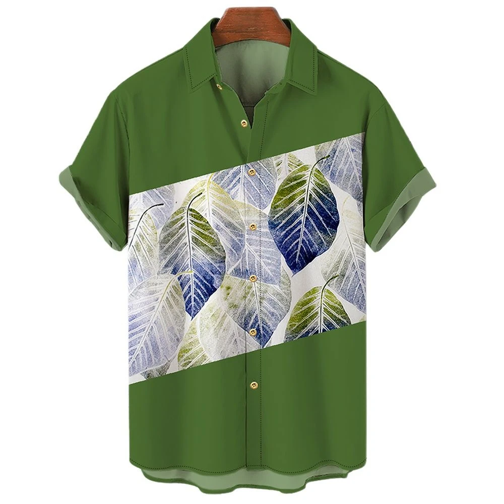 Hawaiian men's 3D plant print shirt, cotton and spandex short-sleeved shirt with buttons, EU beach clothing short-sleeved, 2023