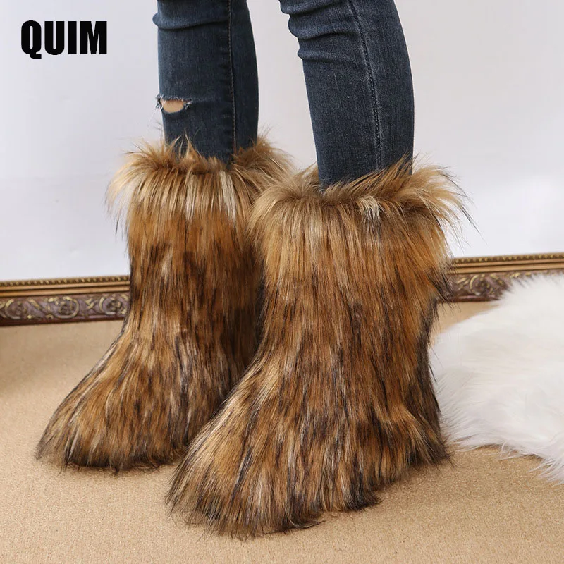 

Women's Winter Snow Boots Outdoor Luxury Furry Faux Fox Fur Boots Woman Plush Warm Platform Shoes New Fashion Bottes Big Size 43