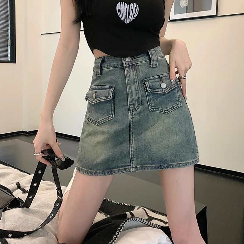 Denim Skirt Women's Summer Blue Casual Capris Spring 2023 New Vintage Stretch High Waist Spicy Girls Wrapped Hip A-line Dress