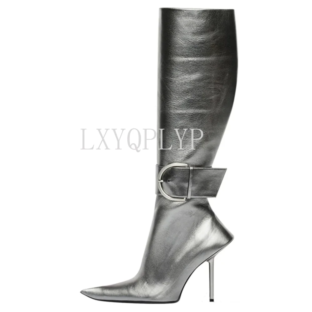 Retro Square Buckle Women's Boots 2022 Autumn New Knee-length Zipper Boots Stiletto Pointed Toe Banquet Shoes Size43 Boots