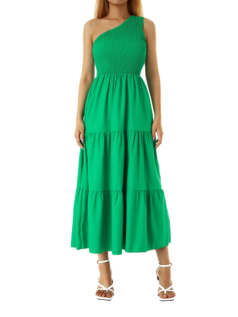 

Women's Dress One Shoulder Print Folds Ruffles Incline Shoulder Long Dress Bohemian Beach Style Casual Dresses Female Elegant