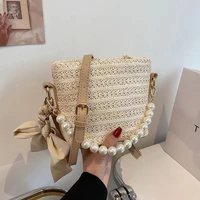 summer 2022 shoulder bags for straw woven bucket bag female silk scarf pearl handle crossbody beach handbag and purse