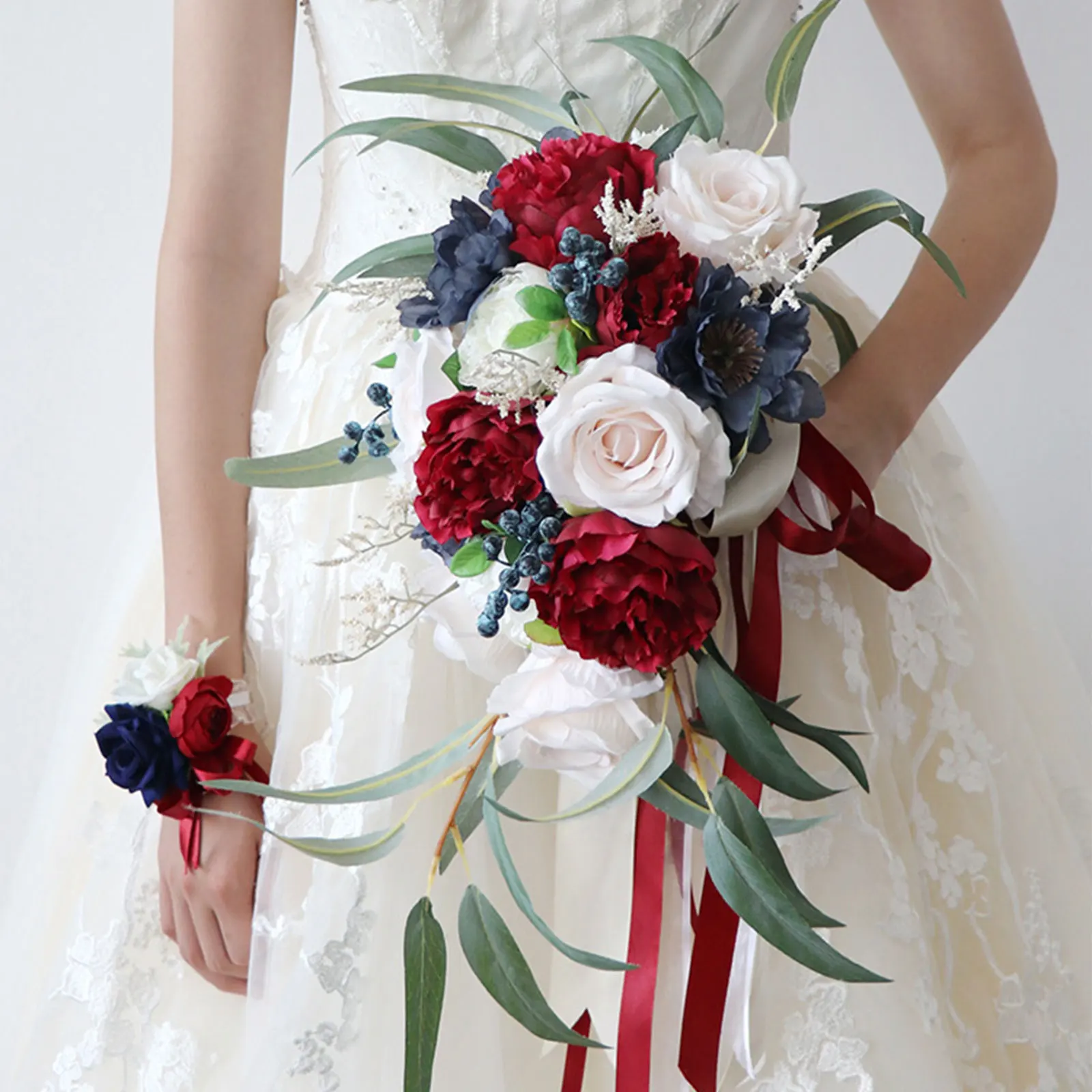 

Artificial Waterfall Water Drop Flower Bouquet with Green Leaves Fake Silk Floral for Valentine's Day Wedding Bride Photography