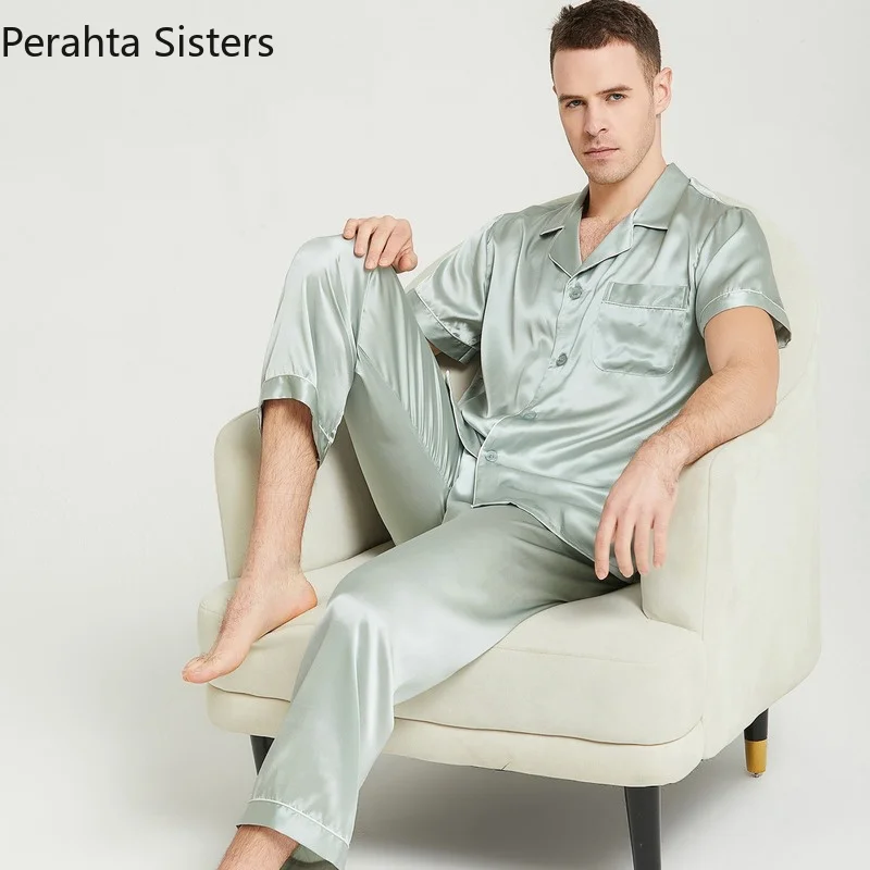 

100% Real Mulberry Silk Pajama Set for Men Summer Solid Color Short-sleeved + Long Pants Two-piece Suit Man Homewear