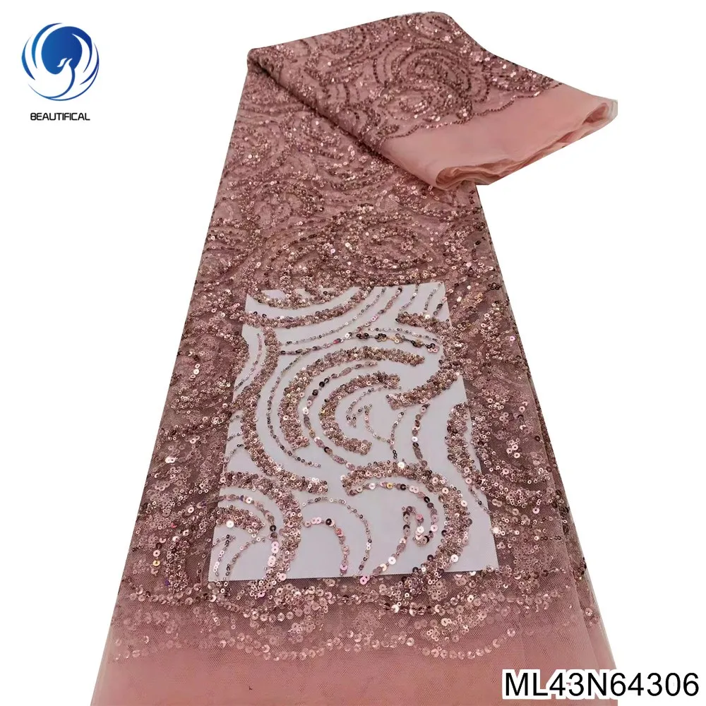 

2022 High quality Light purple nigerian lace fabric with sequins embroidery with sequins lace for Noble dress ML43N643