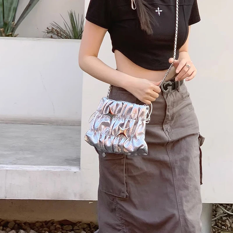 

Y2k Silver Star Chain Bag Women's 2023 New Bag Sweet Cool Spicy Girl Pleated Drawstring Diagonal Straddle Shoulder Bag