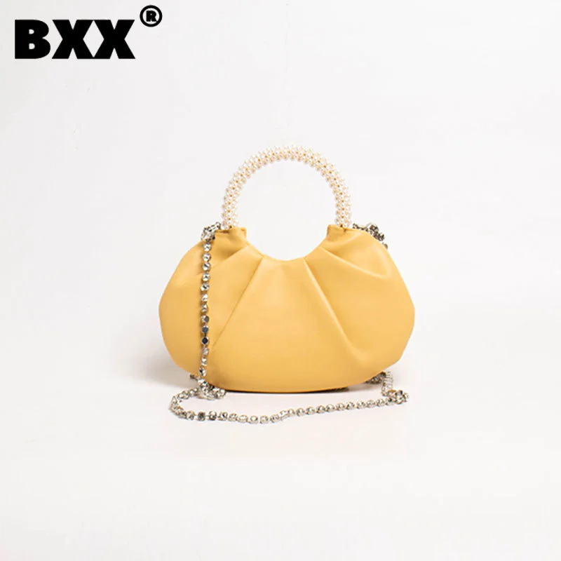 

[BXX] Trend Solid Color PU Leather Chains Pearl Women's Handbag 2023 Luxury Design New Items Beach Shoulder crossbody Bag GF3565