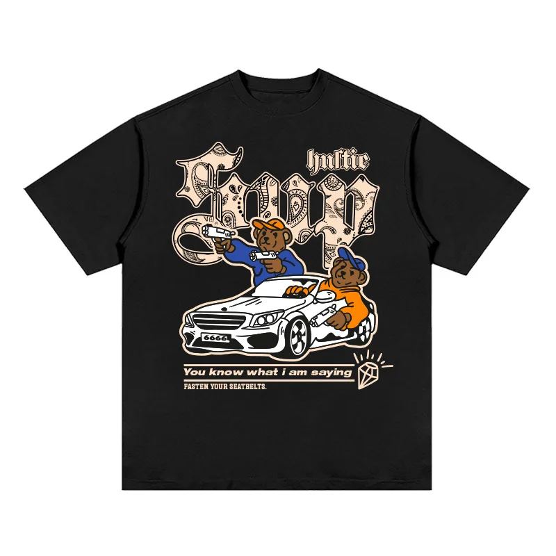 

High Street Gangster and Car Print Short Sleeve T-Shirt Loose Hip Hop Cotton Tees Oversized Clothes for Men and Women Summer Top
