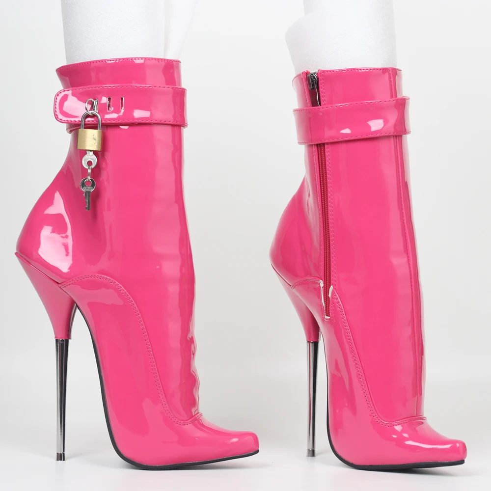 Women Ankle Boots 18CM High Heel Pointed Toe Ankle Strap With Locks Sexy Fetish Exotic Shoes Unisex Plus Size 36-46