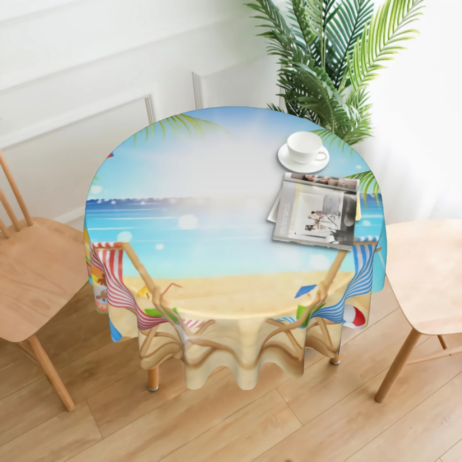 

Beach Chair And Palms Tree With Sunlight Tablecloth 60 inch Holiday Sand Beach Sunshine Washable Polyester Table Cloth