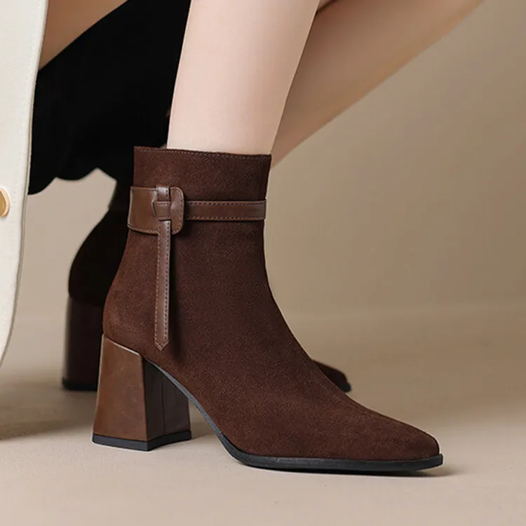 

Vintage Brown Suede Women Ankle Boots Pointed Toe Shallow Autumn Work Botas Strap Design Chunky High Heels Winter Botines Sapato