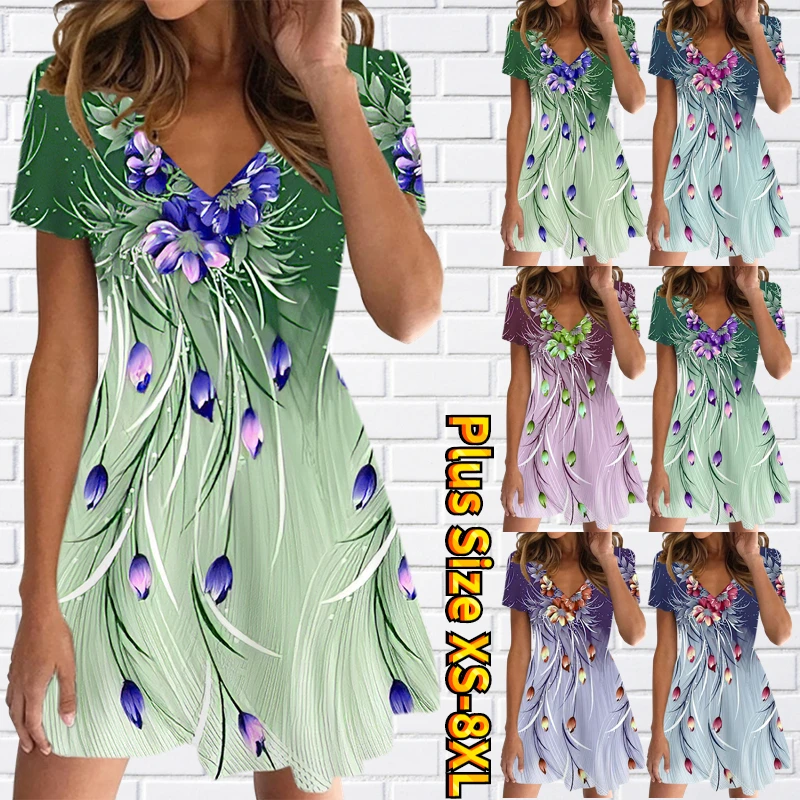

2023 Women's Fashion New V Neck Sexy Slim Short Sleeve Skirt Flower Printing Knee Length Skirt Summer Dress