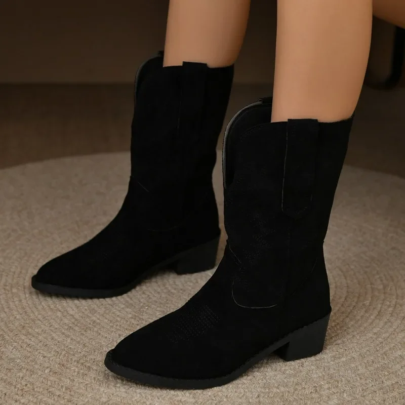 

2023 Plus Size Shoes for Women Hot Sale Mid-Calf Women's Boots Slip on Modern Boots Women Pointed Toe Square Heel Ladies Shoes