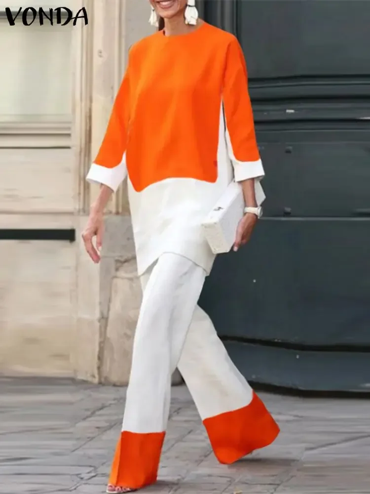 Женский брючный костюм размера плюс VONDA 2024 пикантный лоскутный Топ без рукавов +