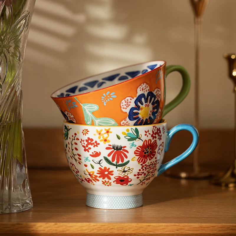 Flower Breakfast Oatmeal Cup Ceramic Milk Coffee Mug Hand Painted Office Water Teacup Microwave Safe Birthday Gifts