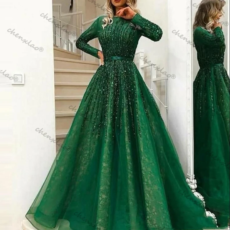 

CHENXIAO Green Muslim Evening Dresses A-line Long Sleeves Tulle Lace Beaded Islamic Dubai Saudi Arabic Long Formal Party Gown