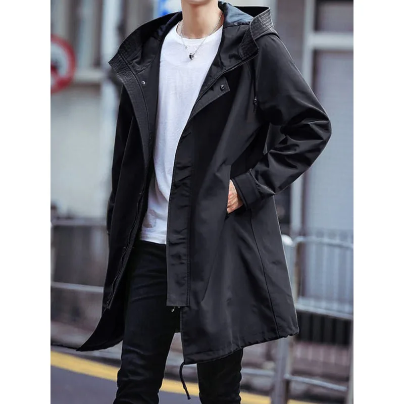

Spring Autumn Long Trench Coat Men Fashion Hooded Windbreaker Black Overcoat Casual Jackets Big Size 6XL 7XL 8XL