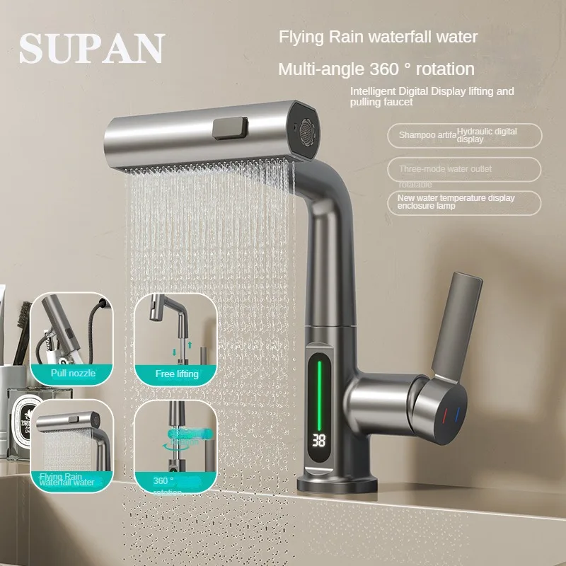 

Faucet Bathroom Accessories Digital Display Bathroom Washbasin Universal Lifting Pull Rotating Waterfall Hot And Cold Basin