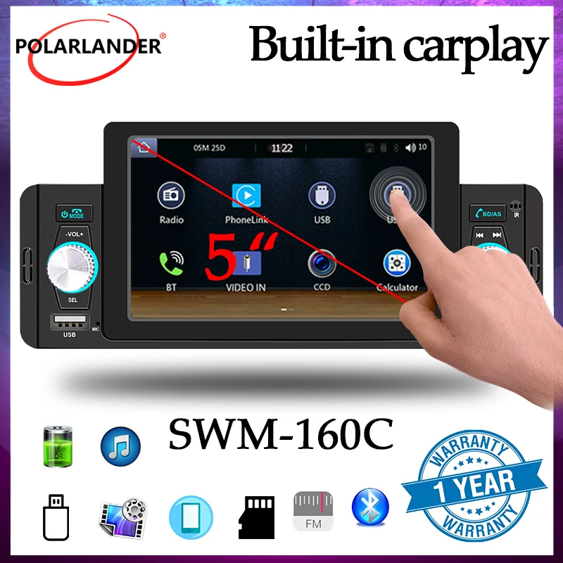 

Автомобильный мультимедийный MP5 плеер 1 DIN 5 ''стерео приемник Mirror Link Android Авто/Carplay двойной USB/ручка Bluetooth IPS сенсорный экран