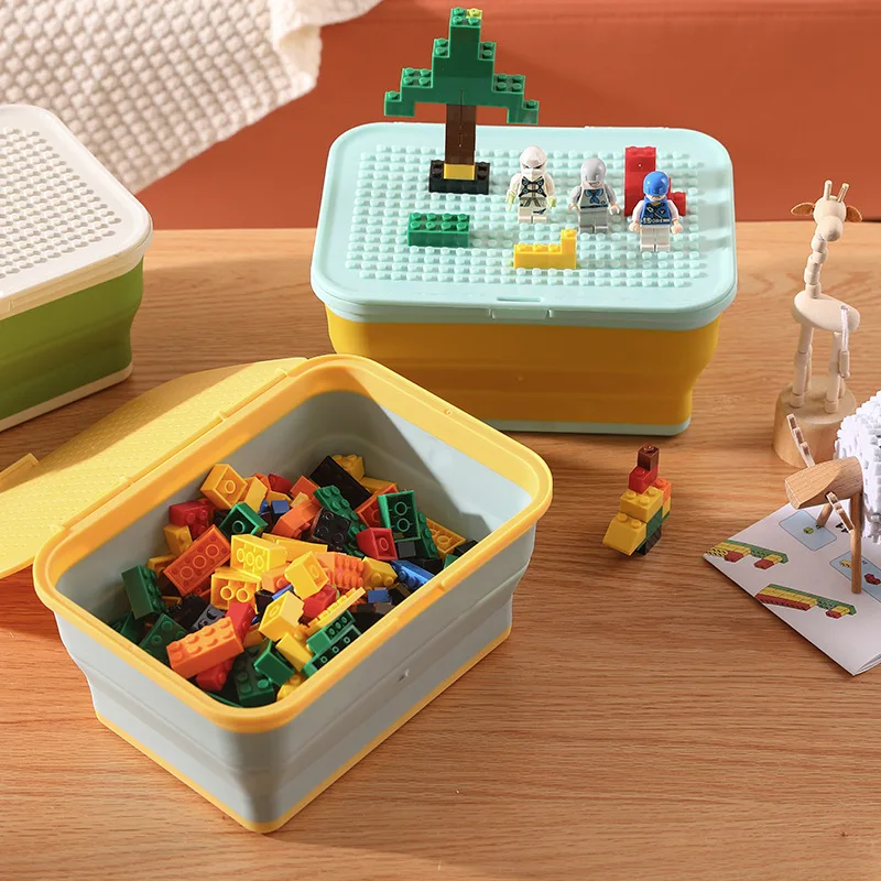 

Складной ящик для хранения игрушек с крышкой, можно соединить, строительный блок, ящик для хранения детских игрушек, силиконовый ящик для хр...