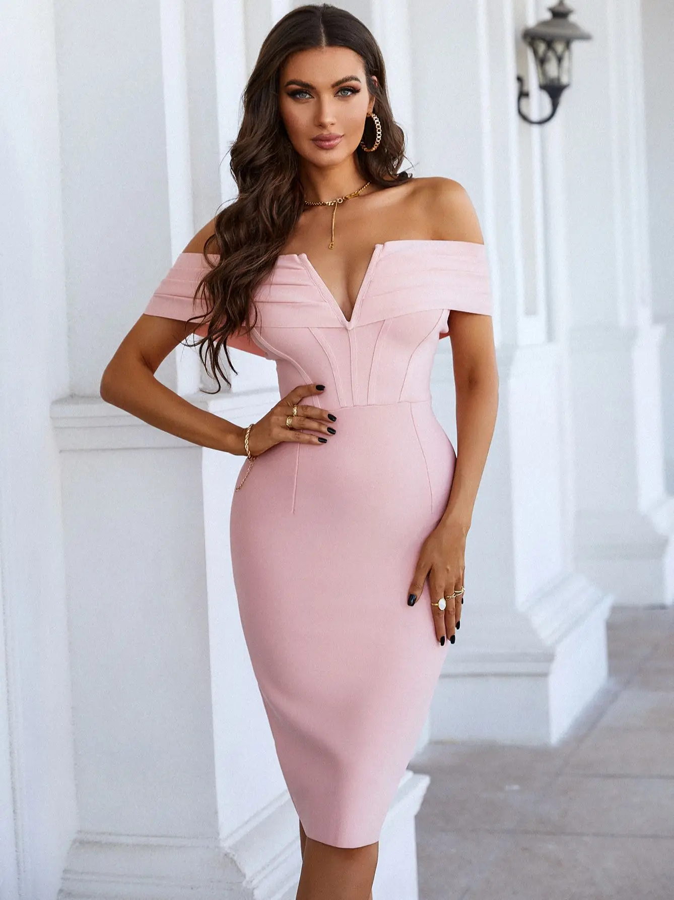 New Fashion Sexy Off the Shoulder Pink Bandage Dress 2022 Women Chic Midi Evening Celebrity Bodycon Dress